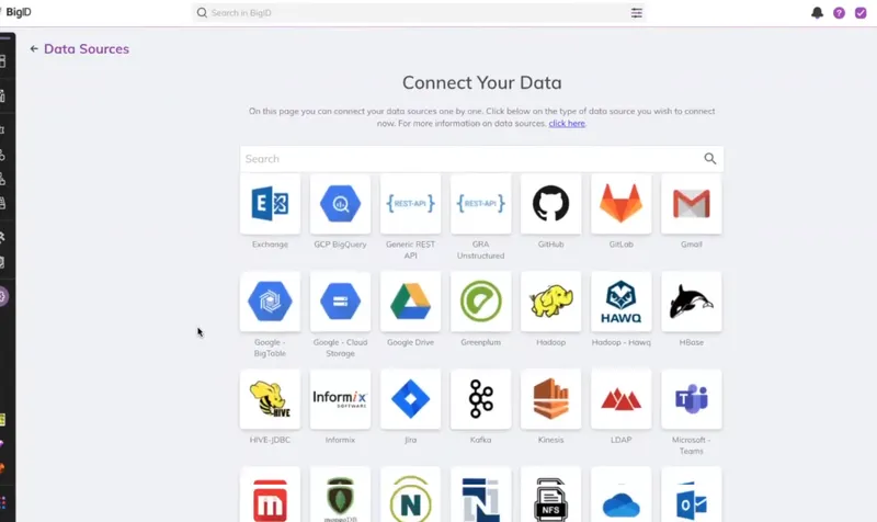 Screenshot of BigID's data source connection interface.