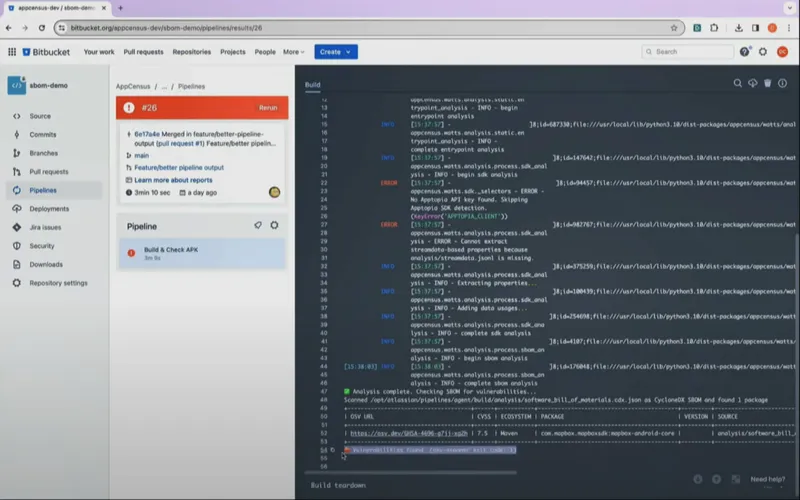 Screenshot from a recent AppCensus demo, showing the build pipeline.