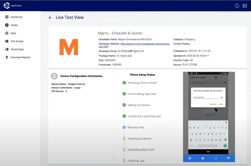 Screenshot from AppCensus dashboard, showing process of running a test. Source: UC Berkeley Center for Long-Term Cybersecurity YouTube.