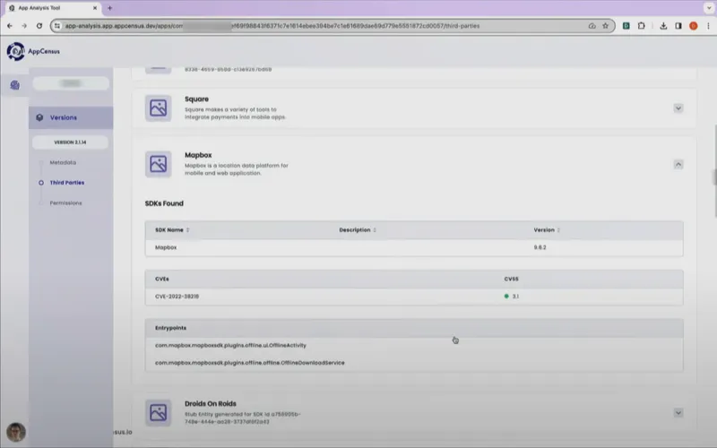 Screenshot from a recent AppCensus demo, showing SDKs detected.