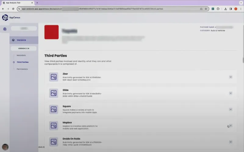 Screenshot from AppCensus, recent demo, showing third parties detected.