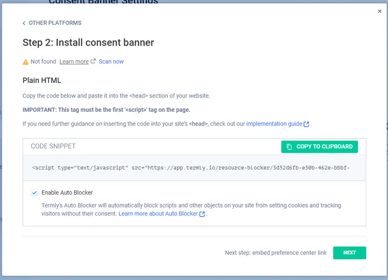 Consent banner embed code - here we have generated a html script that will have to be added to every page on the website.