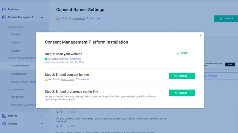 Consent banner setup & installation steps.