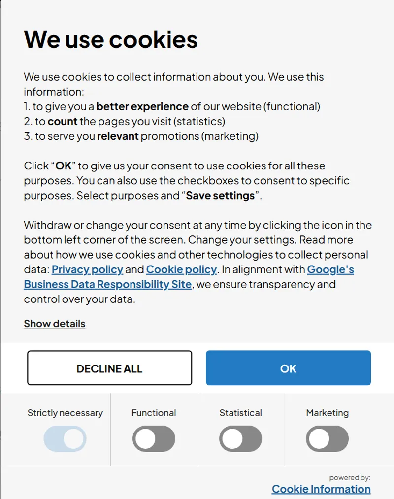 Screenshot of the Cookie Information consent banner in use on their website.