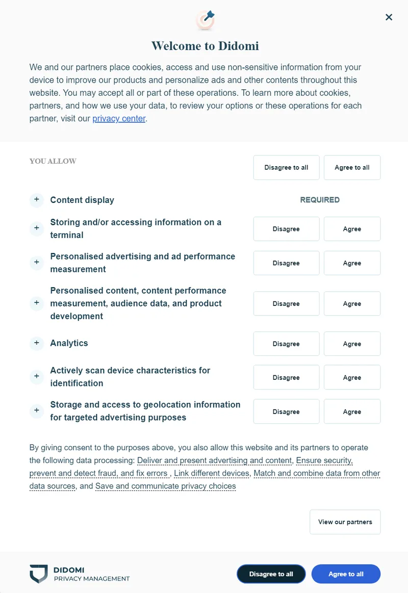 Screenshot of the Didomi consent banner in use on their website.