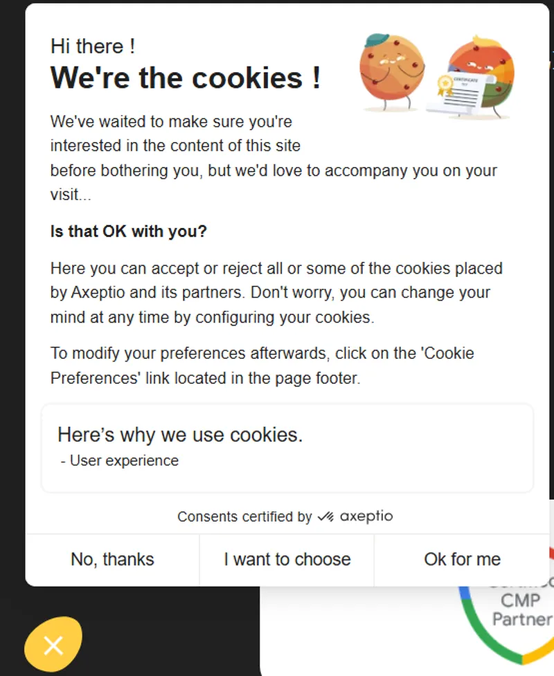 Screenshot of the axeptio consent banner in use on their website.