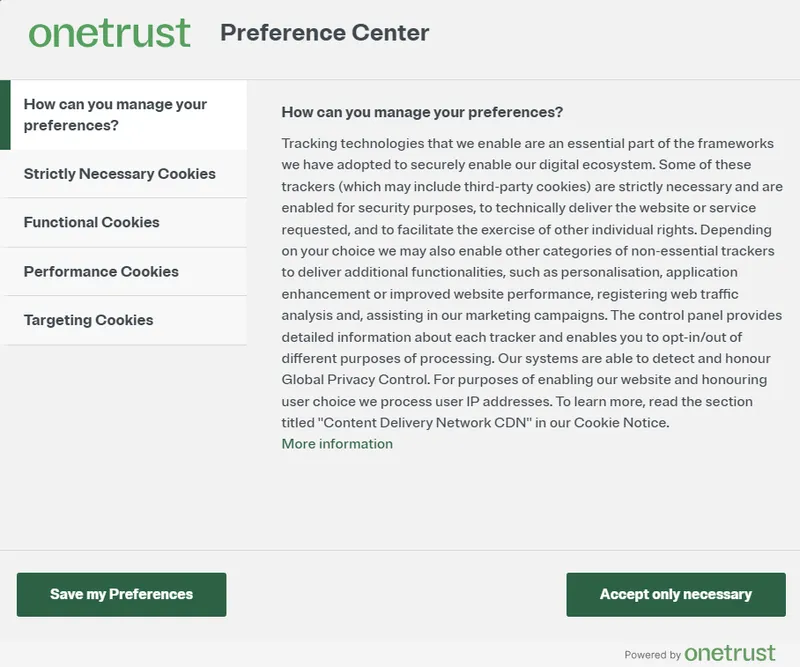 Screenshot of the OneTrust consent banner in use on their website.