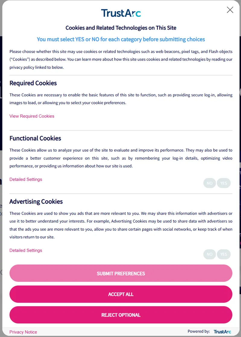 Screenshot of the TrustArc consent banner in use on their website.