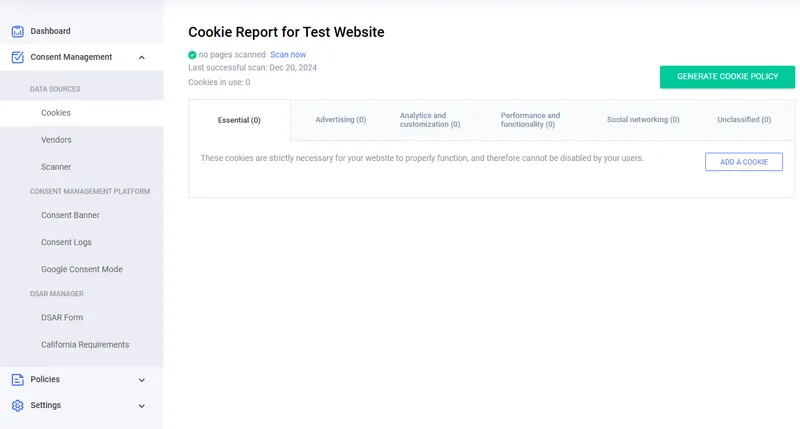 The cookie report - here we had no cookies found as it was tested on a cookie-free website.