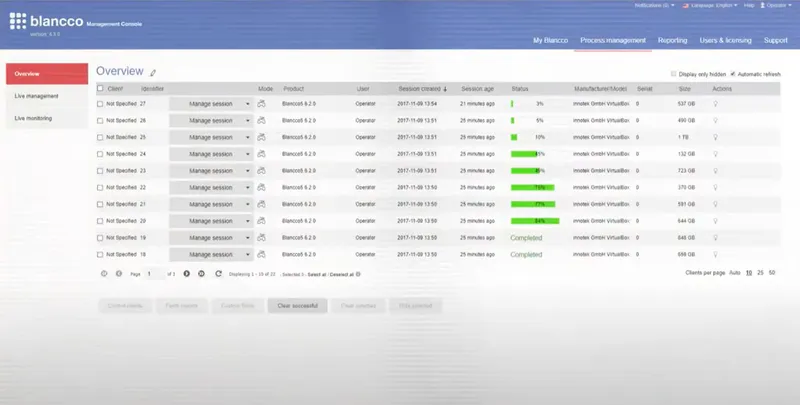 Screenshot from Blancco youtube showing the management console as part of the data center erasure process.