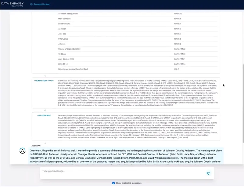 Data Embassy Prompt Protect - screenshot from Anonos product demo