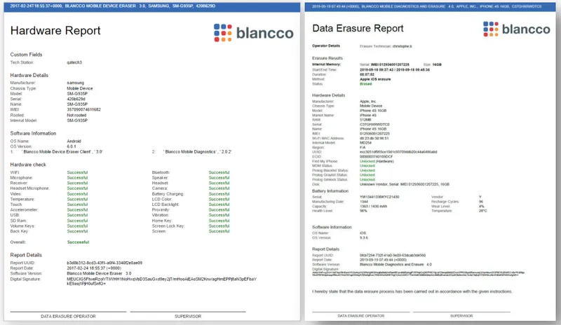 Example of the digitally signed reports generated by blancco as part of the data erasure process.