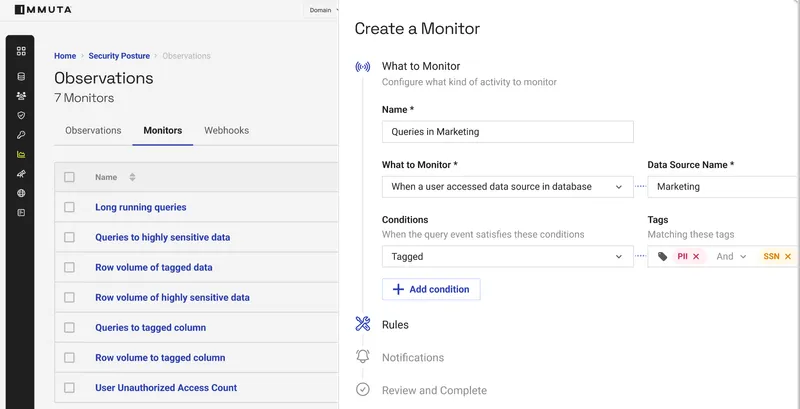 Screenshot from Immuta product demo. It shows an activity monitor where an employee queries sensitive PII (Personally identifiable information) in the database.