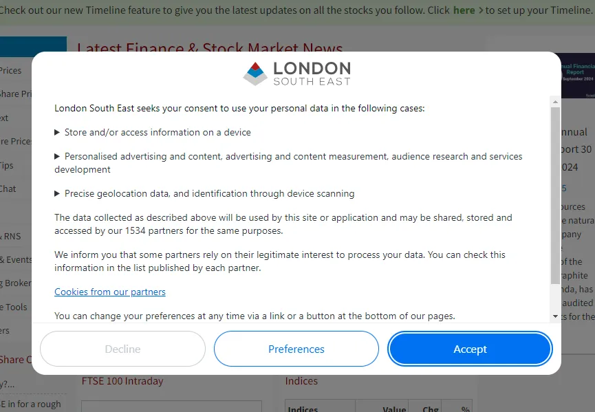 LSE website cookie consent popup showing 1,534 partners