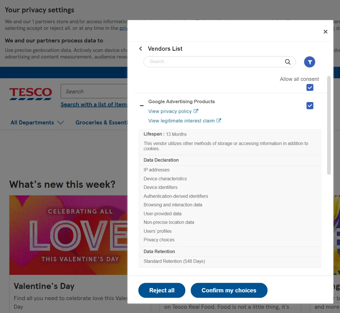 Tesco website cookie consent showing just 1 partner