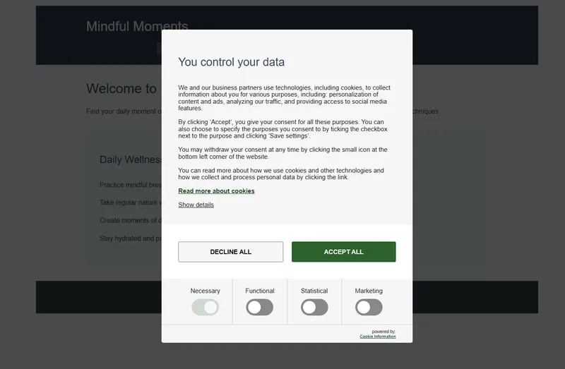 The consent modal popup on  a test website.